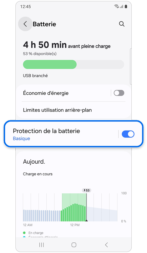 Écran du menu de la pile d’un téléphone Samsung Galaxy