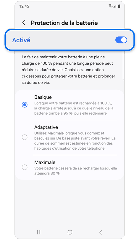 Écran du menu de protection de la pile d’un téléphone Samsung Galaxy