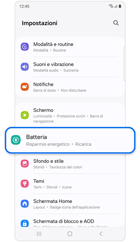 Schermata principale delle impostazioni del telefono