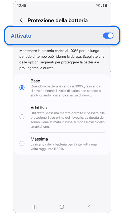 Schermata di Protezione della batteria che mostra le opzioni di protezione