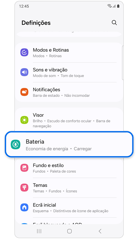 Ecrã inicial das definições do telefone