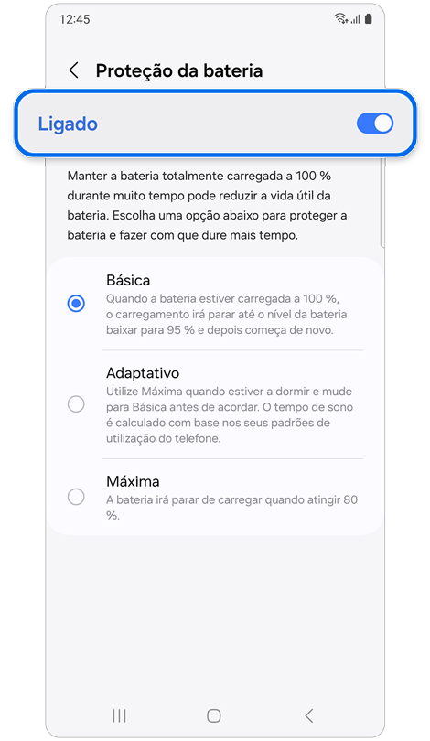 Ecrã Proteção da bateria com opções de proteção