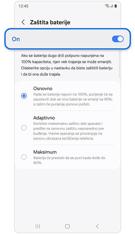 Ekran Zaštita baterijeprikazuje opcije zaštite