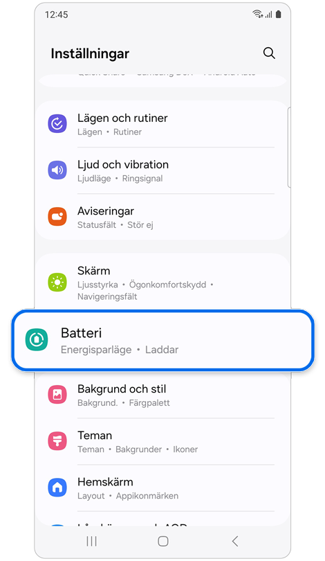 Startskärm med telefoninställningar