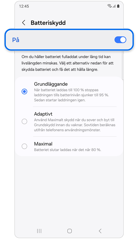 Skärmen Batteriskydd visar skyddsalternativ