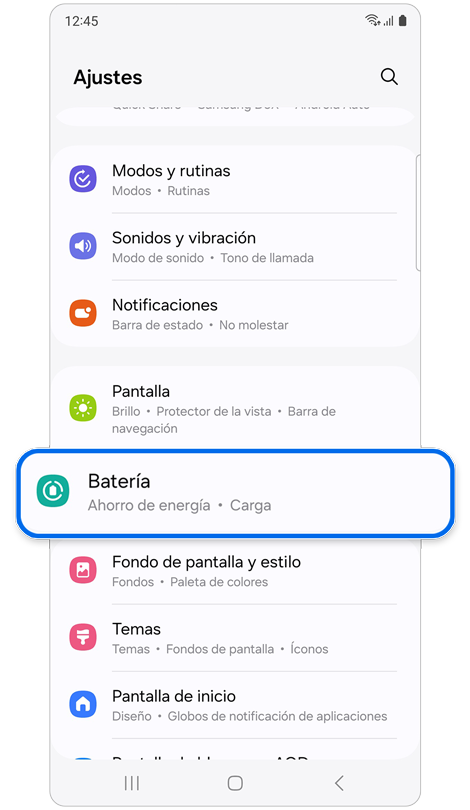 Pantalla de ajustes del teléfono