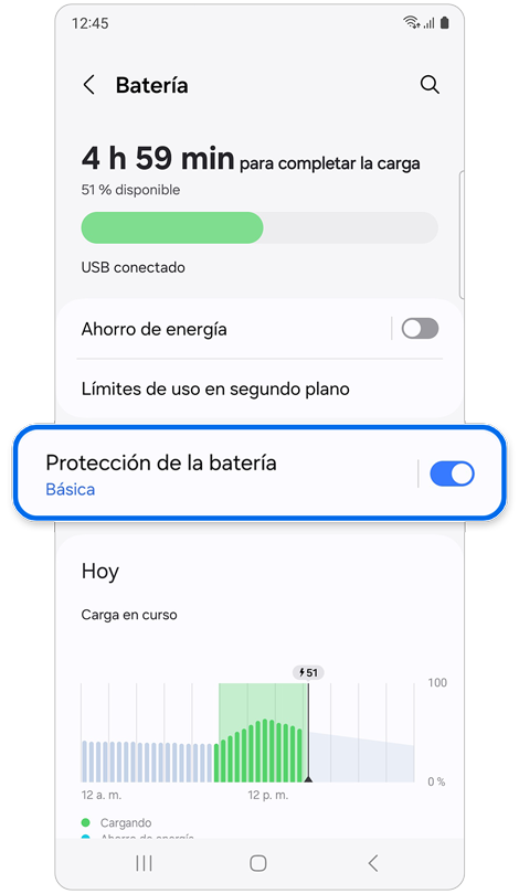 Pantalla de batería que muestra información sobre la batería en tiempo real