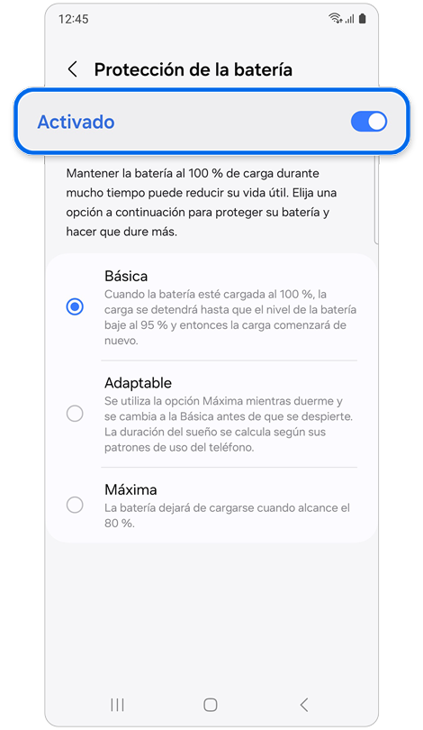Pantalla de <Protección de la batería> que muestra las opciones de protección