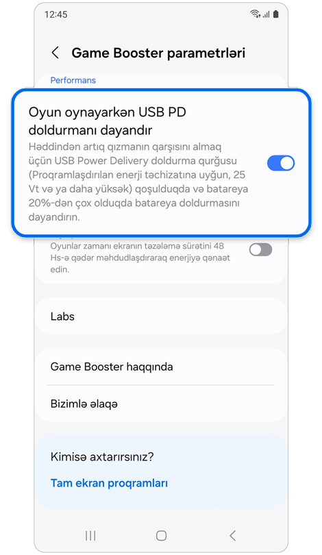 Game Booster menyusu ilə “Oyun oynayarkən USB PD doldurmanı dayandır” seçimi aktivləşdirildi.
