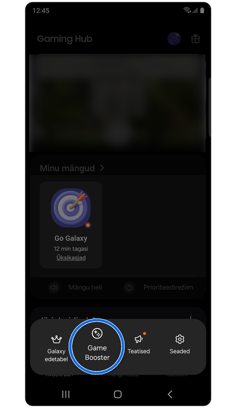Gaming Hubi hüpikmenüü.