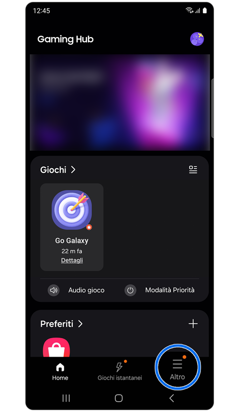 Schermata iniziale di Gaming Hub.