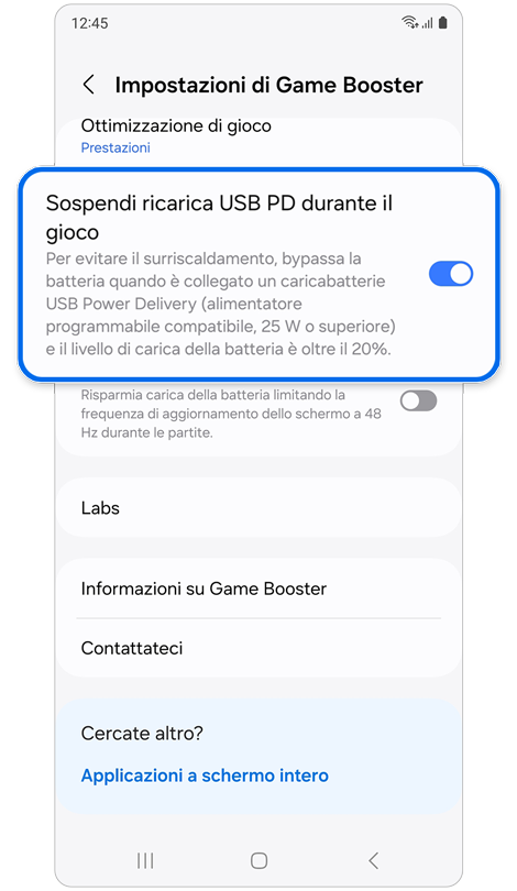 Menu delle impostazioni di Game Booster.