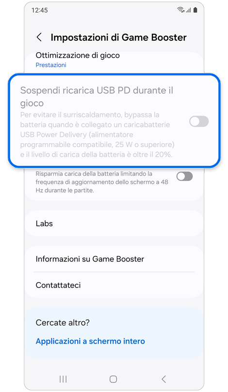 L'opzione “Sospendi ricarica USB PD durante il gioco” nel menu Game Booster è disattivata.
