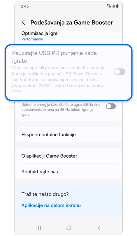 Opcija“Pauzirajte USB PD punjenje kada igrate” u Game Booster meniju je zasivljena.