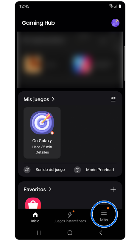 Pantalla de inicio de Gaming Hub.