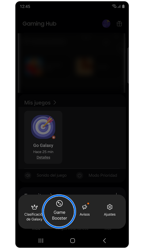 Menú emergente Gaming Hub.