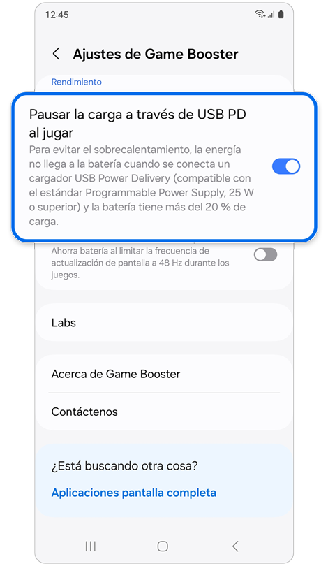 Menú de ajustes de Game Booster.