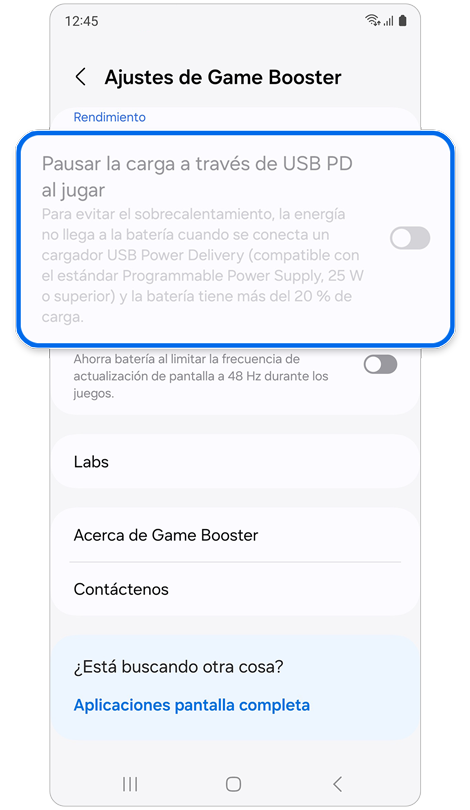 El menú Game Booster la opción “Pausar la carga a través de USB PD al jugar” está desactivada.