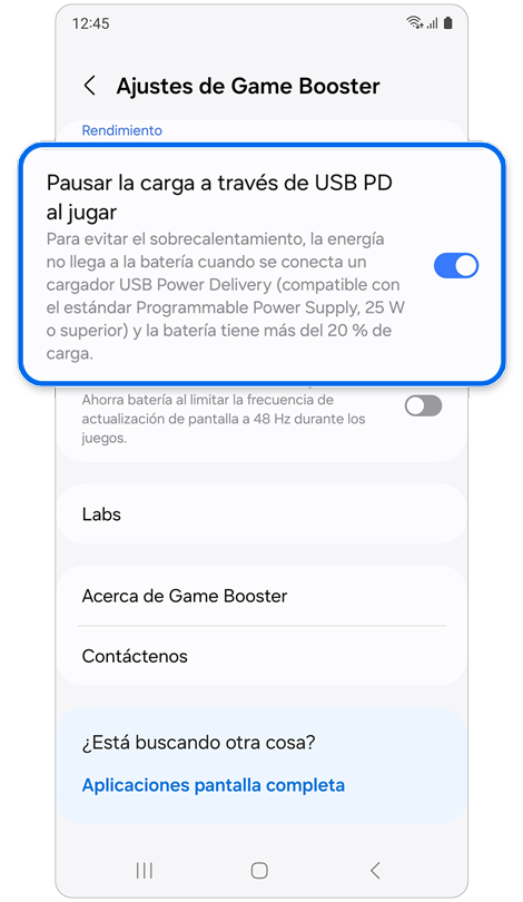 Menú Game Booster con la opción “Pausar la carga a través de USB PD al jugar” activada.