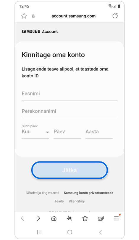 Konto omandiõiguse kinnitamise ekraan.