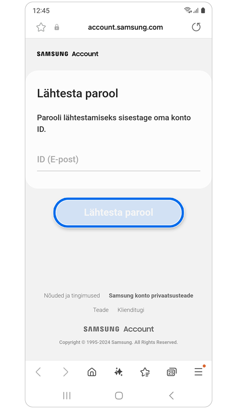 Lähtesta parool ekraan.