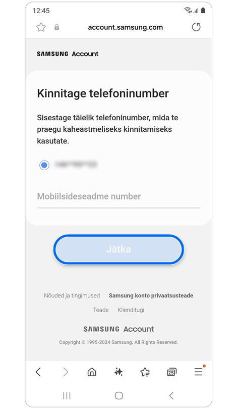 Telefoninumbri kinnitamise ekraan.