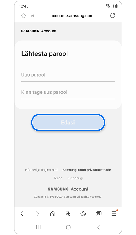 Lähtesta parool ekraan.