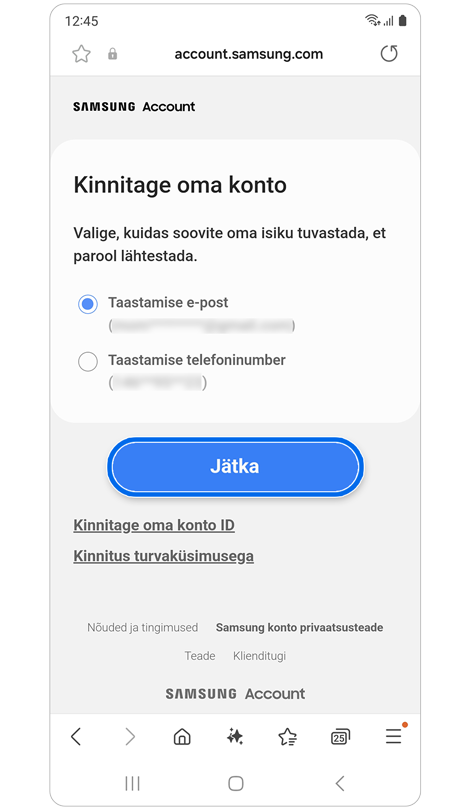 Alternatiivsete kinnitamise võimaluste ekraan.