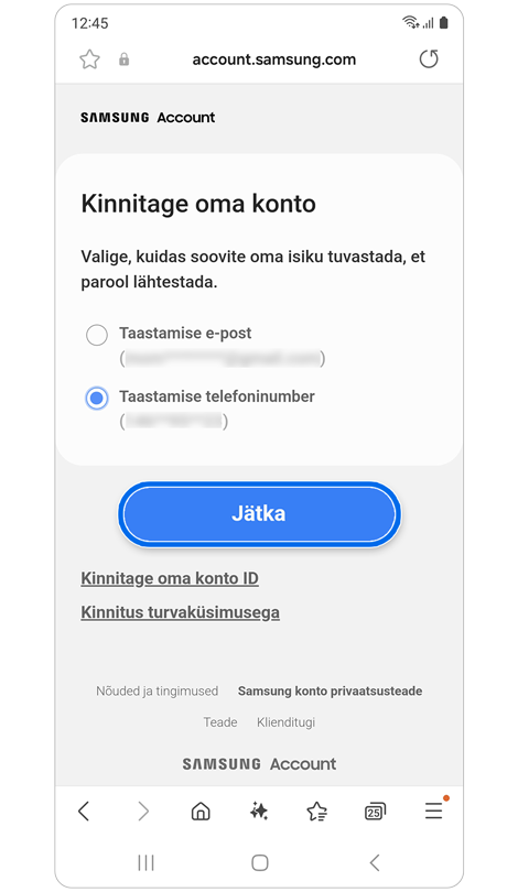 Alternatiivsete kinnitamise võimaluste ekraan.