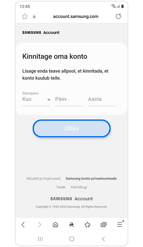 Konto omandiõiguse kinnitamise ekraan.