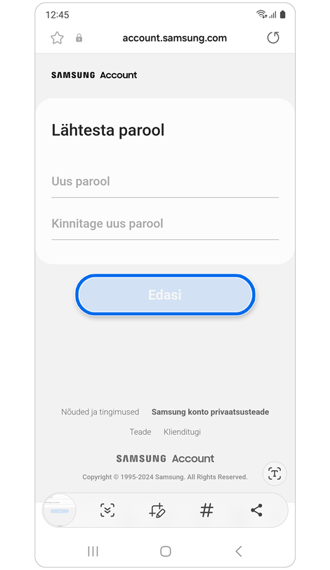 Lähtesta parool ekraan.