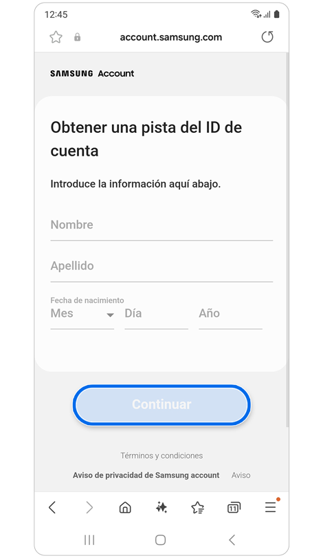 Pantalla de verificación de propiedad de la cuenta.
