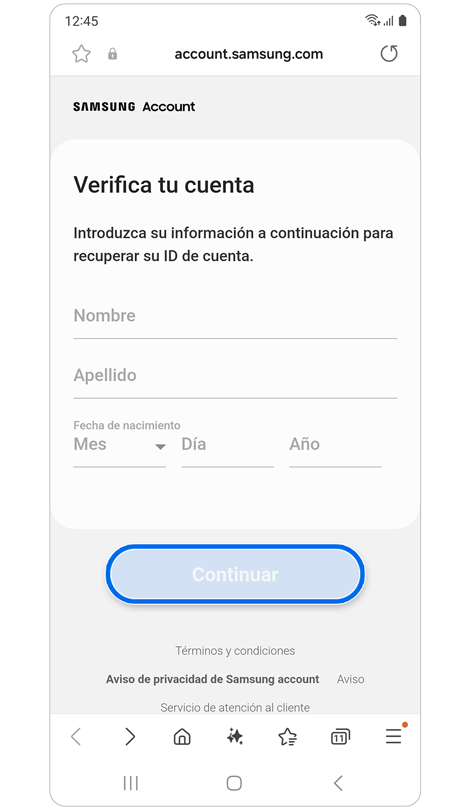 Pantalla de verificación de propiedad de la cuenta.