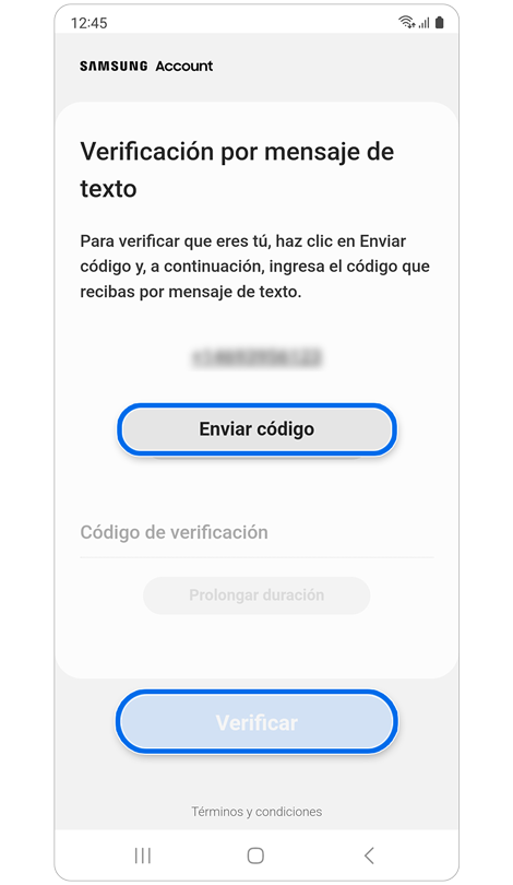 Pantalla de verificación de mensaje de texto.