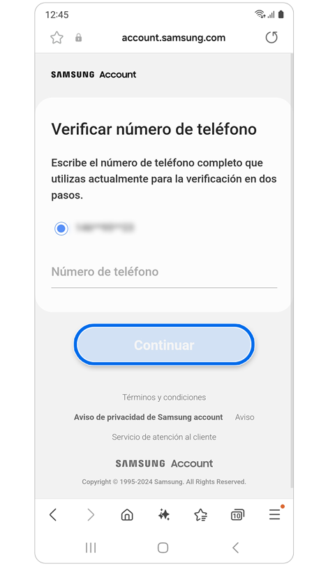 Pantalla de verificación de número de teléfono.