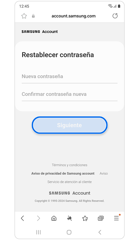 Pantalla de restablecimiento de contraseña.