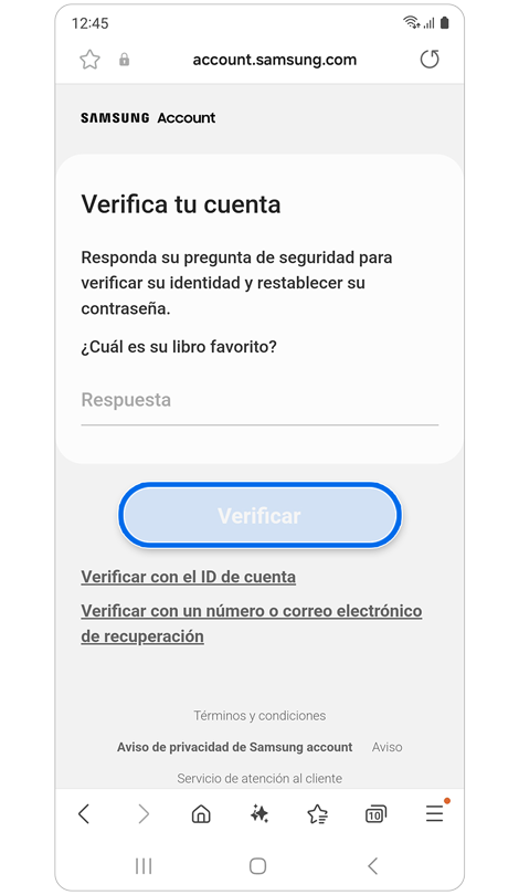 Pantalla para responder a la pregunta de seguridad.
