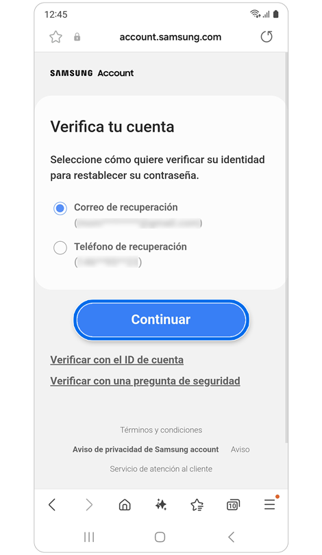 Pantalla de opciones de verificación alternativas.