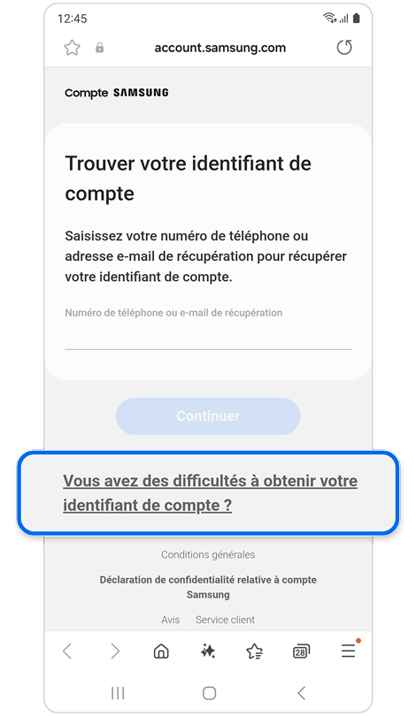 Écran de récupération d’un identifiant oublié d’un compte Samsung