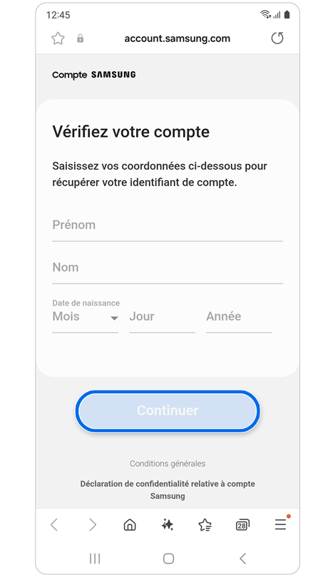 Écran de vérification de la propriété d’un compte Samsung
