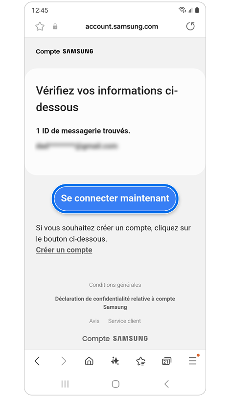 Écran de récupération de l'identifiant d’un compte Samsung