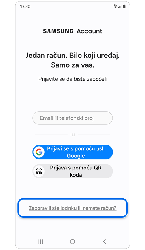 Opcije za prijavu u račun.
