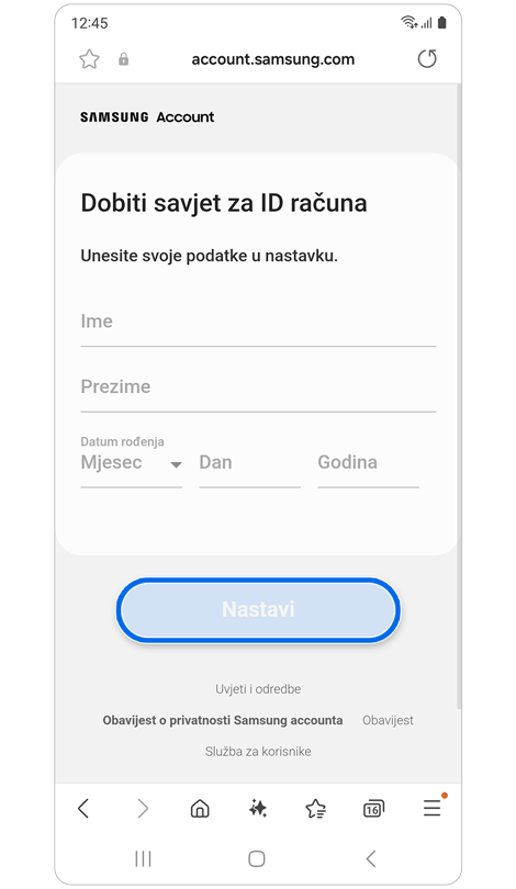 Zaslon za provjeru vlasništva računa.