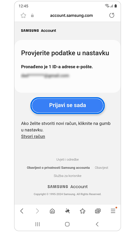 Zaslon sa savjetom za potvrdu ID-a računa.