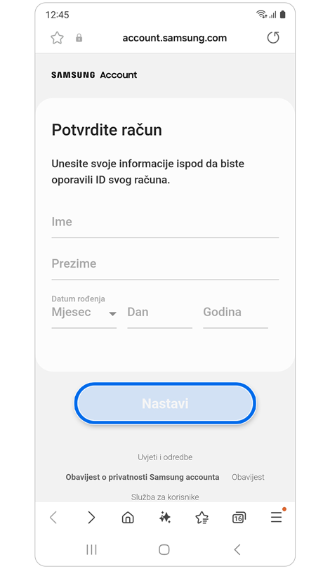 Zaslon za provjeru vlasništva računa.