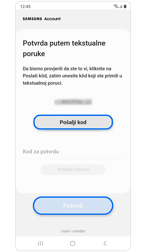 Zaslon za potvrdu tekstualne poruke.