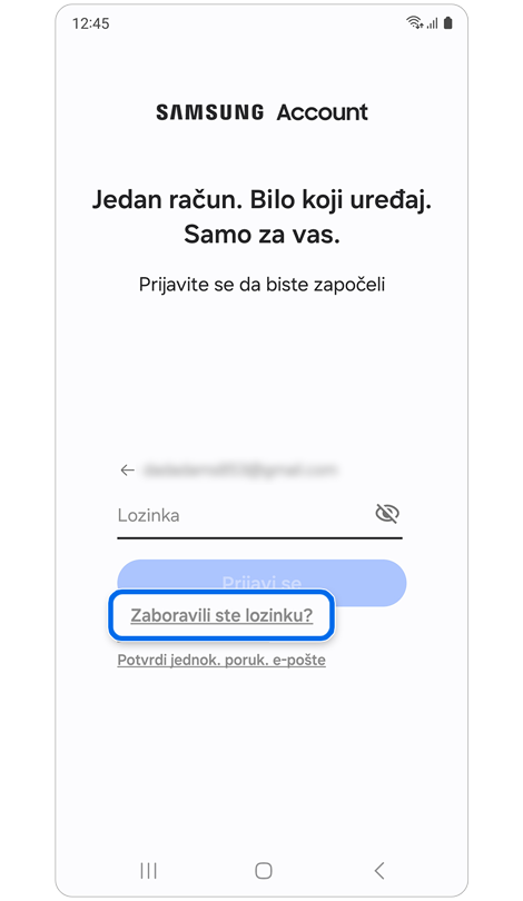Opcije za unos lozinke ili oporavak lozinke.