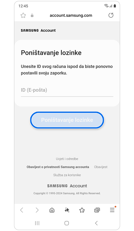 Zaslon Poništavanje lozinke.