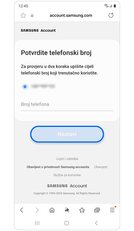 Zaslon za potvrdu broja telefona.