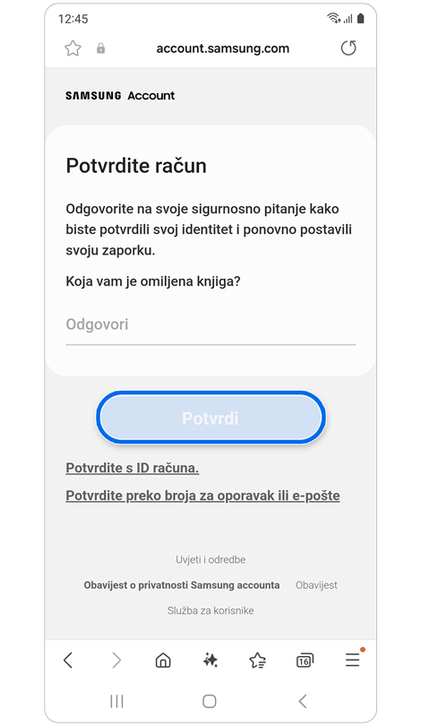 Ekran za odgovor na sigurnosno pitanje.